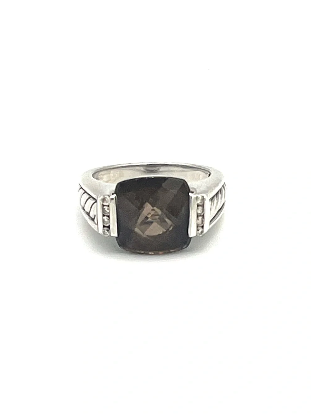 David Yurman Smoky Quartz Cushion-Cut with Diamond Sterling Silver Ring - size 6